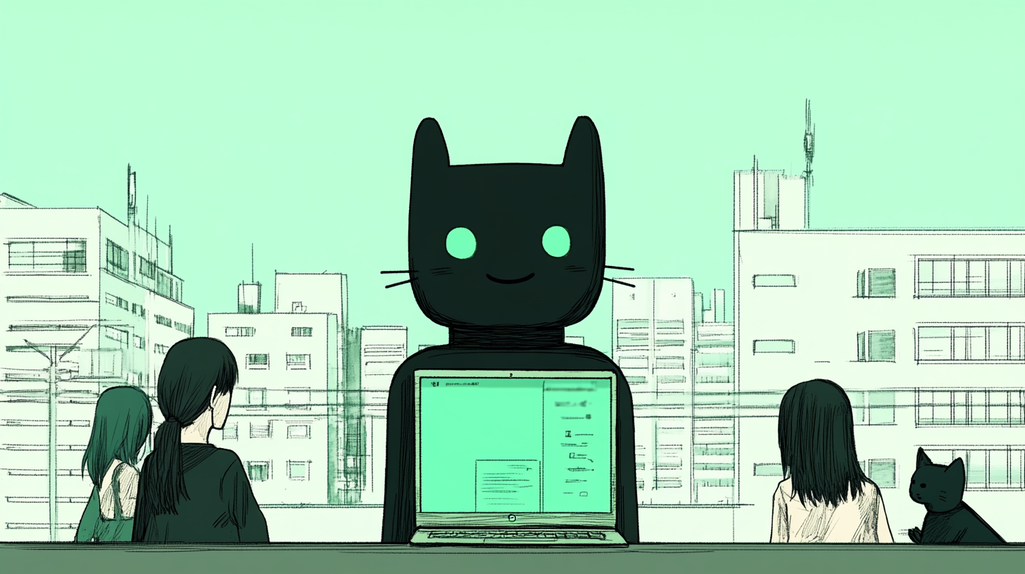 Illustration of a friendly AI chatbot on a computer screen with diverse volunteers smiling back, stylized tech devices like smartphones and laptops, and a small cat mascot peeking from the corner.