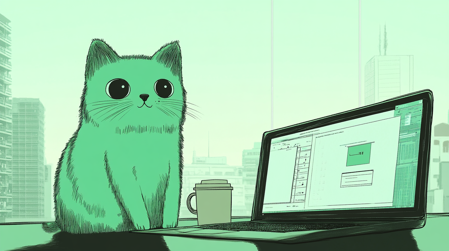 Illustration of a modern workspace setup with a laptop, coffee cup, and a small cat mascot sitting beside the monitor, with rich chocolate and cream tones in a minimal, flat style. The cat should have a curious expression and be subtly interacting with the tech, while green-tinged gold accents add a touch of warmth and playfulness. The background should include a smooth gradient with soft shadows to highlight key elements.